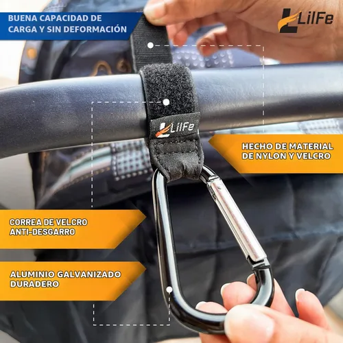 Vista 2 de 2 ganchos negros para cochecito de bebé para colgar Correas multiusos para cochecito con clips duraderos y elegantes para bolsas de pañales El