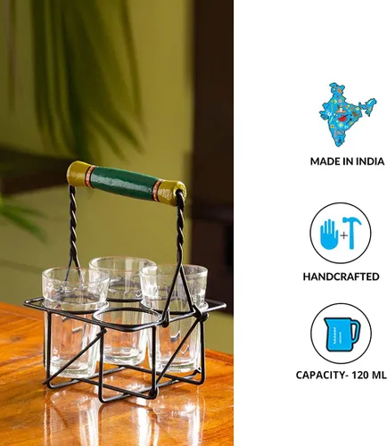 Vista 7 de ExclusiveLane "The Railway Nostalgia" - Vasos de té con soporte de hierro (juego de 4, 4.1 fl oz), vasos Chai de corte con soporte, estilo indio