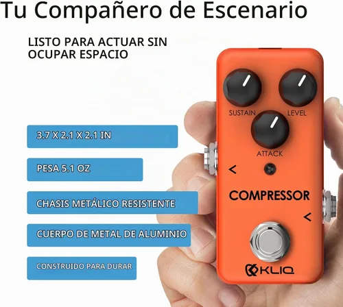 Vista 6 de KLIQ - Pedal de efecto de compresor pequeño para guitarra y bajo Compresor (naranja)