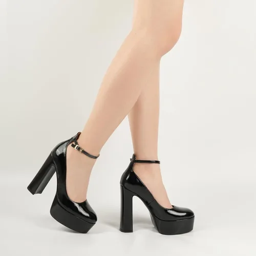 Vista 4 de JENN ARDOR Tacones de plataforma para mujer, tacón grueso, punta cerrada, tacón alto, correa de tobillo