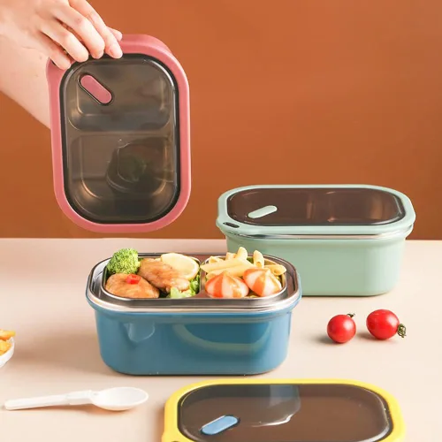 Vista 4 de Caja Bento de acero inoxidable, contenedores de almuerzo de metal con compartimento, lonchera sellada contenedor de comida (azul)