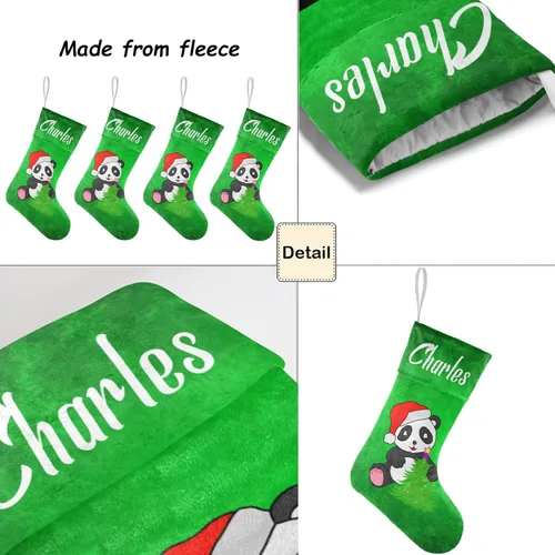 Vista 4 de Calcetines de Navidad con lindo panda verde personalizado con nombre, medias de Navidad personalizadas para la temporada de vacaciones familiares