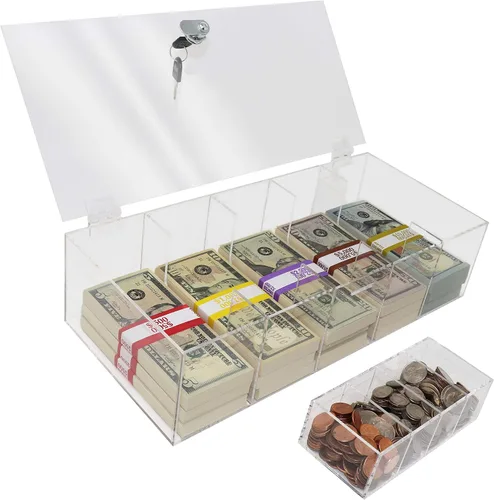 Vista 6 de Bandeja de dinero de acrílico con inserto de bandeja para monedas, organizador de efectivo transparente de 5 compartimentos, caja de almacenamiento