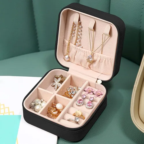 Vista 7 de Organizador de joyas pequeño, joyero de viaje, portátil, anillos, aretes, collares, vitrina, cajas de joyería para mujeres y niñas, color negro