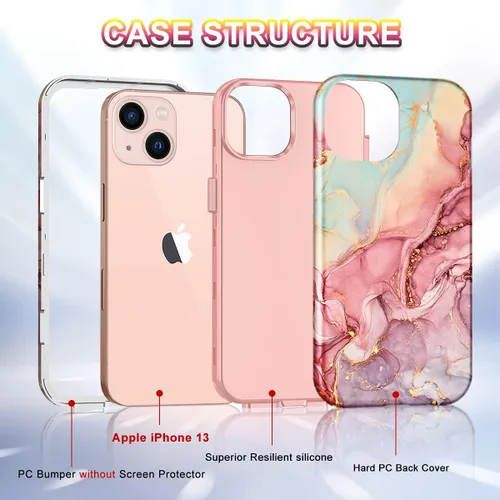 Vista 3 de CASEFIV Compatible con funda para iPhone 13, patrón de mármol 3 en 1, resistente a golpes y caídas, cuerpo completo, policarbonato duro y silicona