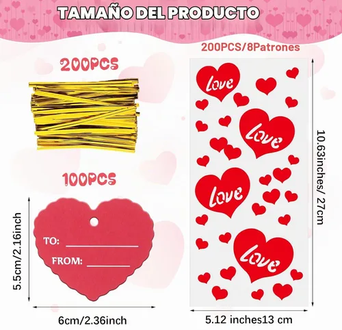 Vista 2 de Skyygemm 200 bolsas de celofán de San Valentín, bolsa de regalo de San Valentín, bolsas de regalo de San Valentín, bolsas rojas de plástico