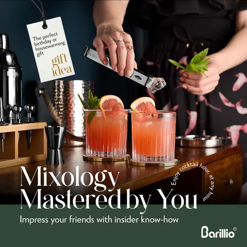 Vista 3 de Barillio Black Bartender Kit – Juego de coctelera de acero inoxidable con soporte de bambú – Herramientas de barra de mixología con coctelera