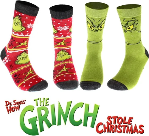 Vista 4 de Dr. Seuss El Grinch Feliz Navidad Calcetines de tripulación para adultos de 2 pares