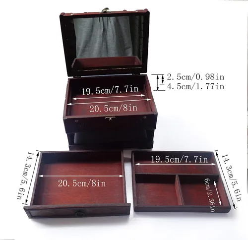 Vista 7 de ISOTO Joyero de madera retro vintage, caja de almacenamiento organizadora, caja de almacenamiento con espejo para novias y mujeres, para el día