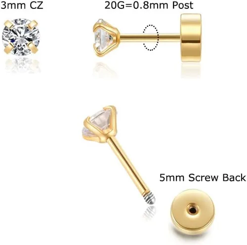 Vista 2 de Aretes de botón planos con tuerca de circonita cúbica, pequeños aretes planos de circonita cúbica para hélice, cartílago, tragus, lóbulo