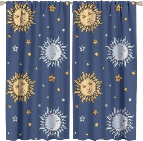 Vista 48 de Cortinas opacas con diseño de sol y luna, cuerpos celestes bohemios, con diseño de sol, luna y estrellas, para sala de estar, dormitorio, 42 x 45