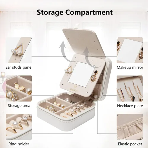 Vista 3 de Vee - Joyero de viaje pequeño, organizador de joyas portátil con espejo, estuche de almacenamiento para aretes, anillos, collares, regalo