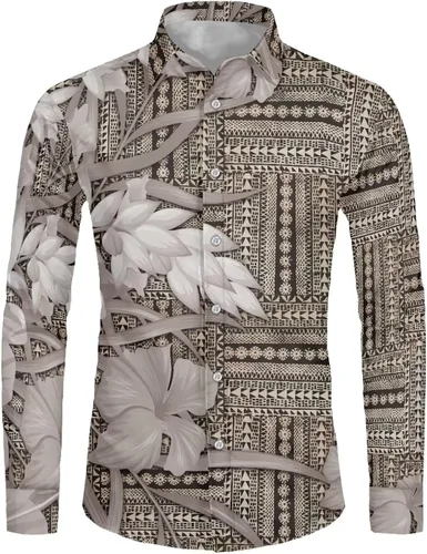 Vista 3 de Camisa de guayabera polinesia para hombre, patrón de Samoa Americana, vintage, cuello en V, manga larga, hawaiana, camisas de vestir para hombres