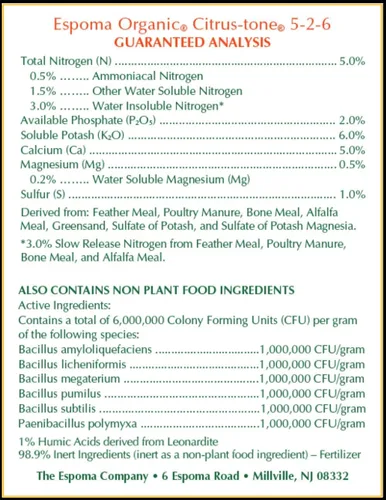 Vista 4 de Espoma Fertilizante orgánico de tono cítrico 5-2-6 natural y orgánico y alimento vegetal para todos los árboles de cítricos, frutas, nueces