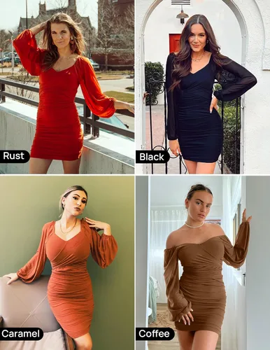 Vista 7 de ZESICA Vestido corto sexy con cuello en V y fruncido para mujer, manga larga, cóctel, boda, fiesta