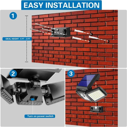 Vista 3 de AmeriTop Luces solares para exteriores, de 800 lúmenes, inalámbricas, con sensor de movimiento solar LED, 3 cabezas ajustables, iluminación