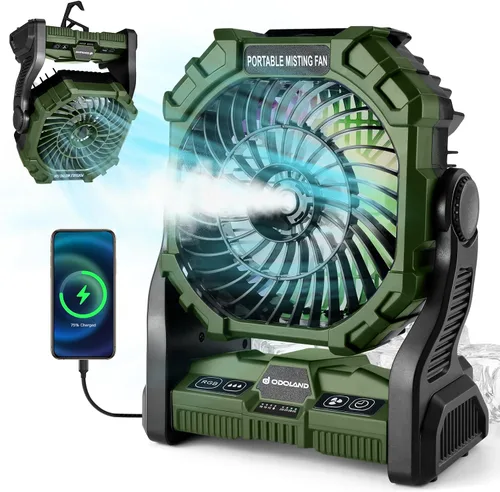 Vista 12 de Odoland Ventilador portátil para campamento con linterna LED, ventilador recargable a batería de 20,000 mAh con función de nebulización y luz