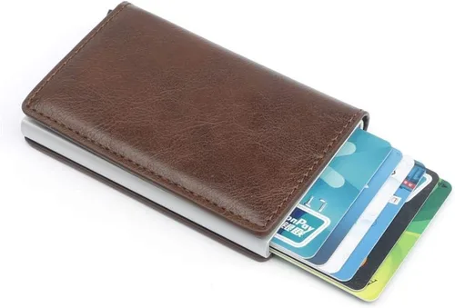 Vista 3 de CHJGLNL Cartera de cuero genuino para hombre, bloqueo RFID, de aluminio, automático, para tarjetas de crédito, café (A-Coffee), Slim