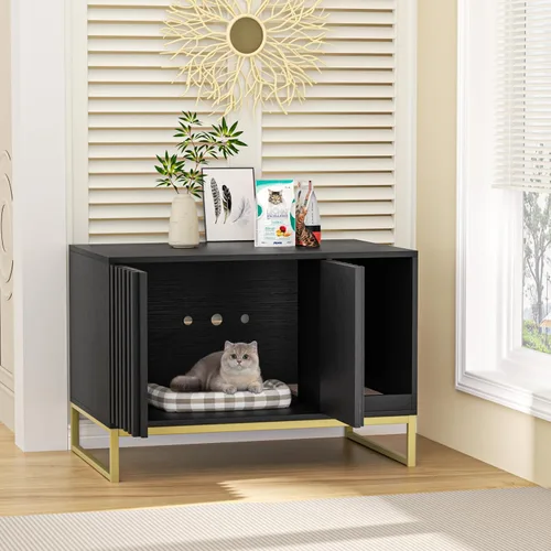 Vista 8 de Halitaa Caja de Arena para Gatos, Mueble Moderno de Caja de Arena para Gatos Caja de Arena Oculta con Almohadilla para Rascar, Mesa Auxiliar Casa