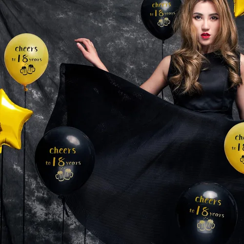 Vista 5 de SHUNTAI Globos de felicitación a los 18 años, decoraciones de cumpleaños negros y dorados, globos de látex de confeti dorado para niños y niñas