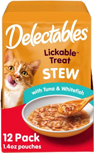 Vista 12 de Hartz Delectables Golosinas húmedas para lamer de estofado para gatos adultos y mayores, pollo y atún, 1.4 onzas (paquete de 12)
