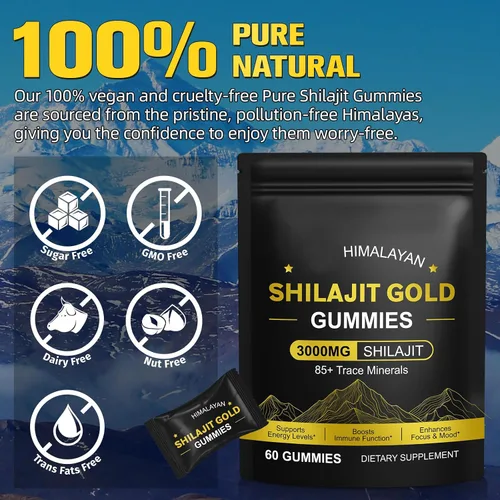 Vista 5 de Shilajit - Gomitas para hombres y mujeres, puras y naturales de oro del Himalaya Shilajit que aumentan la energía, apoyo inmunológico y ayuda a