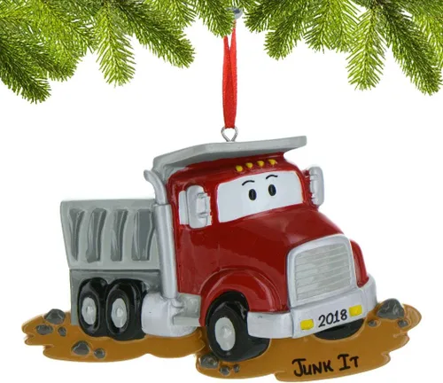 Vista 2 de Adorno rojo personalizado de camión volquete – Adorno de Navidad de camión de basura 4 ruedas decoración de vehículo para árbol de Navidad
