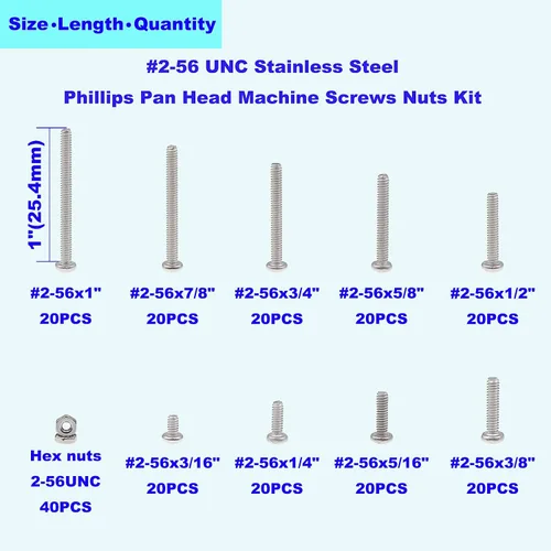 Vista 3 de Juego surtido de tornillos Phillips de cabeza plana de acero inoxidable #2-56 UNC y tuercas 220PCS, 9 Sizes, 5/32" to 1" Length, Imperial