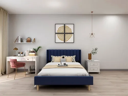 Vista 10 de Upholstered Bed Frame with Wingback Headboard and Wood Slats (Beige-Linen, Twin)