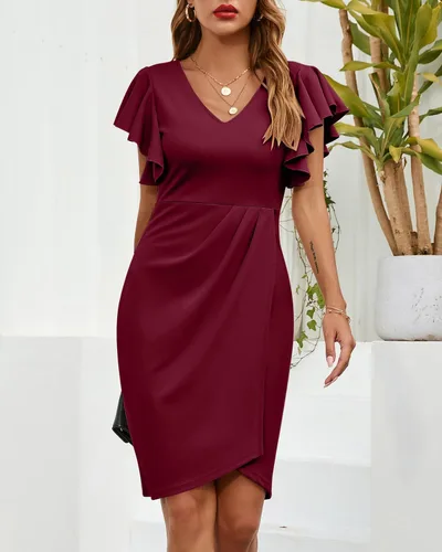 Vista 3 de IHOT Vestido de cóctel para mujer, con cuello en V, manga con volantes, fruncido, casual, para cóctel, fiesta, trabajo