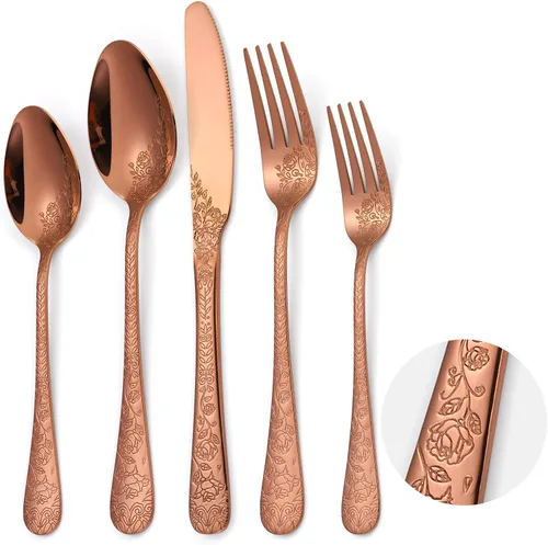 Vista 10 de Juego de Cubiertos Florales Negros para 6 Vajilla de Acero Inoxidable 30 Piezas Cubiertos Únicos Utensilios para Comer Vajilla Elegante Tenedor
