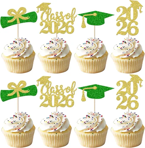 Vista 44 de Paquete de 24 adornos para cupcakes de clase de 2026 con purpurina 2026 para diploma de graduación 2026, selecciones para cupcakes para graduación