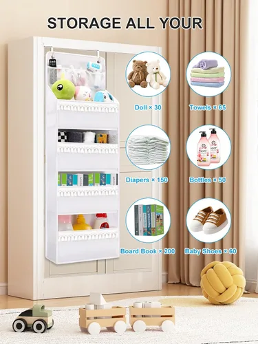 Vista 4 de Organizador para colgar sobre la puerta, organizador bohemio para colgar en el cuarto de bebé, con borlas, Oxford para guardar detrás de la puerta
