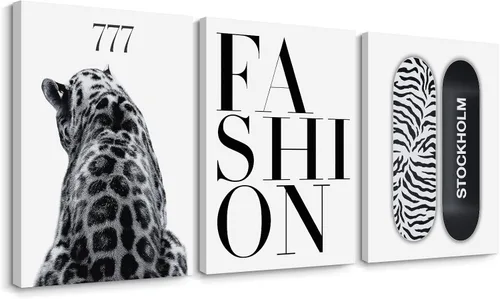 Vista 16 de Arte de pared de leopardo de moda, decoración de pared de guepardo blanco y negro, pósteres de lienzo estéticos de moda, impresiones de estocolmo