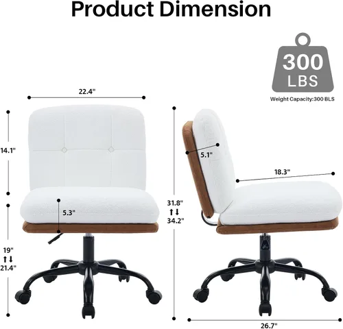 Vista 3 de SOFTHION Juego de 2 sillas de escritorio de oficina sin brazos con ruedas, asiento ancho, giratorio, de altura ajustable, cómoda silla cruzada
