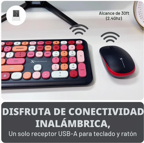 Vista 2 de X9 - Lindo teclado y mouse inalámbricos, teclado y mouse coloridos de 2.4 G con máquina de escribir multicolor retro, teclas para teclado de Negro