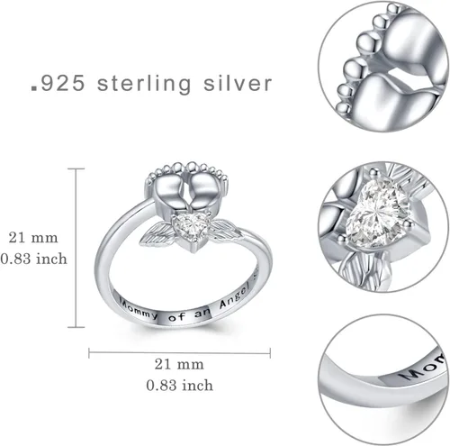 Vista 5 de SVODEA Anillo abierto de pies de bebé para mujer, plata de ley 925 con circonita cúbica creada con alas de ángel, anillos ajustables, delicado