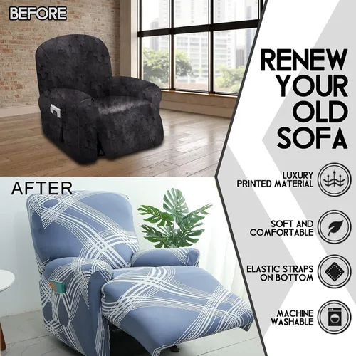 Vista 5 de CRFATOP Funda estampada para sillón reclinable, 4 piezas con bolsillos, 1 asiento, funda de muebles para sillón reclinable, protector de muebles