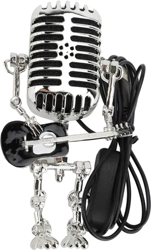 Vista 6 de Ymiko Lámpara de mesa con forma de micrófono de estilo retro con diseño de guitarra y robot, luz nocturna de escritorio de metal de aluminio