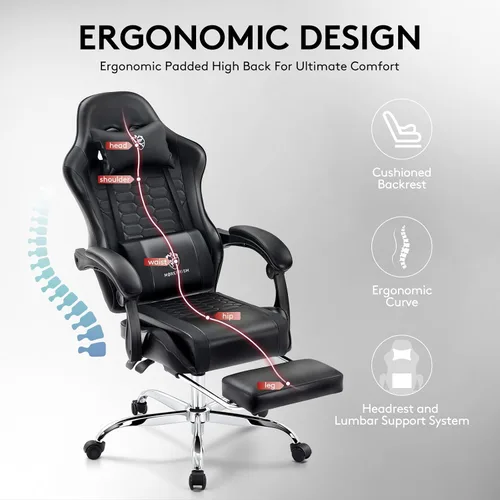 Vista 9 de Silla Gaming, Silla de Oficina para Computadora con Reposapiés, Soporte Lumbar de Masaje y Almohadilla de Gel, Silla Ergonómica Reclinable Ajustable