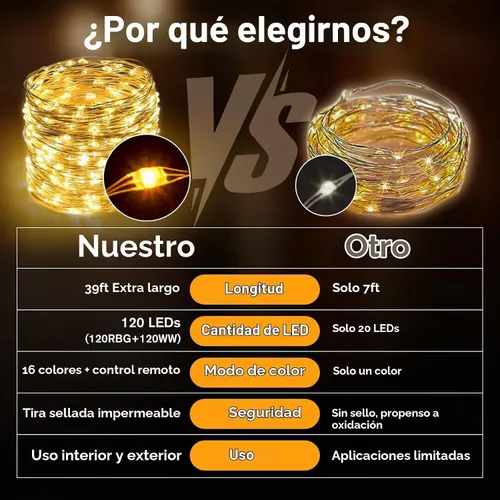 Vista 4 de Guirnalda de luces LED a pilas, 39 pies, 120 luces LED que cambian de color con control remoto, funciona con pilas, alambre de cobre impermeable