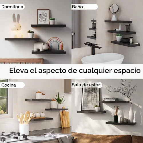 Vista 8 de BAYKA Estantes flotantes para pared, estantes de madera rústica montados en la pared para baño, dormitorio, sala de estar, cocina, estante colgante