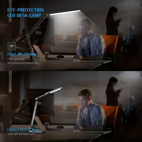 Vista 6 de Lámpara de escritorio LED con 3 modos de cuidado de los ojos, 10 brillo; lámpara flexible larga y ajustable con brazo oscilante para trabajadores