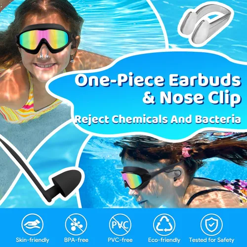 Vista 7 de Vvinca Gafas de natación para niños, con tapones para los oídos y clip para la nariz, visión amplia, antivaho y UV, para niños y niñas de 3 a 15 años