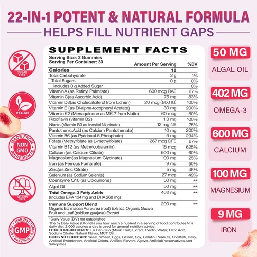 Vista 2 de Gomitas multivitamínicas para mujeres 50 Plus – con Omega 3, coenzima Q10, hierro, calcio, zinc, vitamina A, C, D3, E, K2, complejo B, folato