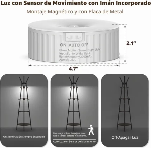 Vista 7 de young master Perchero, Perchero independiente con 3 estantes y 12 ganchos, Árbol perchero con luz con sensor de movimiento para entrada, sala