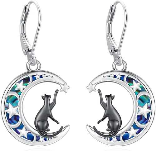 Vista 252 de Aretes colgantes de plata de ley con diseño de árbol de la vida, flor, abeja, animales, gato, colibrí, piedra lunar, turquesa, aretes con cierre