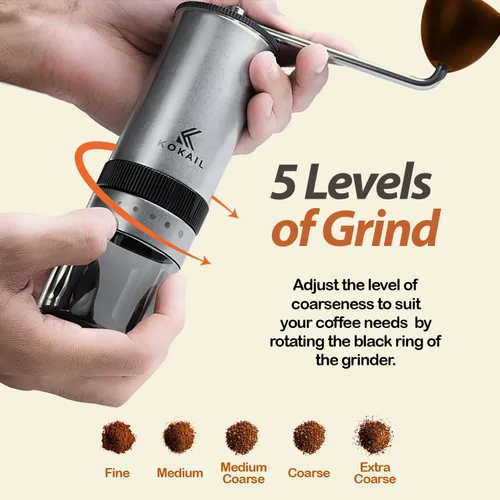 Vista 3 de Molinillo manual de granos de café – Rebaba de acero inoxidable de 7 estrellas, ajustes ajustables para molienda personalizada, cepillo, fácil