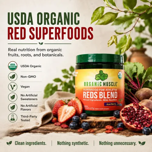 Vista 3 de Organic Muscle Superfood Reds para energía natural y salud de la piel Batido de jugo rojo orgánico USDA Vegano, ceto, sin OMG, sabor a bayas