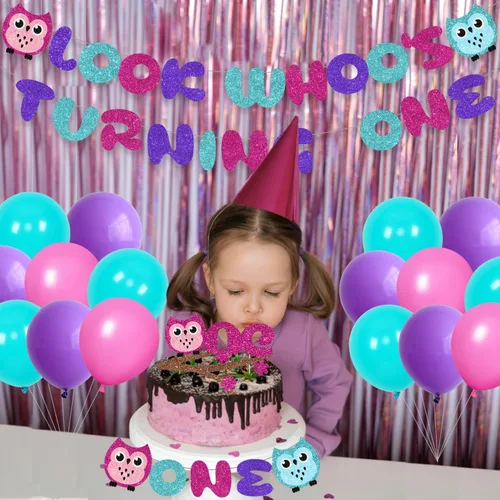 Vista 4 de Decoraciones de fiesta de primer cumpleaños de búho de dibujos animados para niños y niñas con Look Who's Turning One, globo de látex, decoración